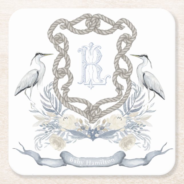 Blue Heron Rope Monogram Crest Square Paper Coaster (Front)