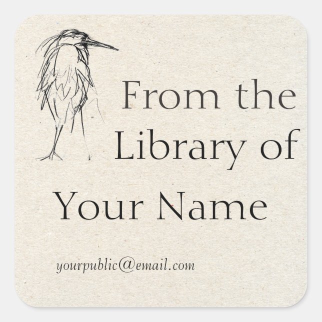Blue Heron Sketch Bookplate Square Sticker (Front)