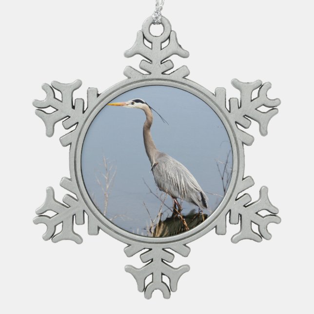Blue Heron Snowflake Pewter Christmas Ornament (Front)