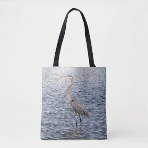Blue Heron water all over tote bag