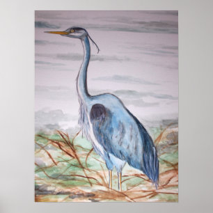 Blue Heron Watercolor painting Poster