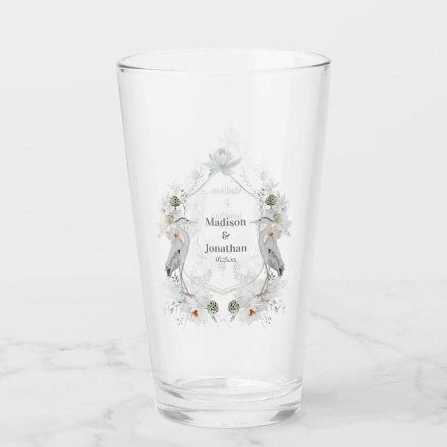 Blue Heron Waterfowl White Watercolor Floral Glass (Front)