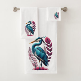 Blue Heron with Some Pink Feathers Serene Wildlife Bath Towel Set