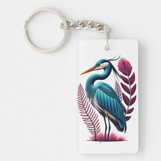 Blue Heron with Some Pink Feathers Serene Wildlife Key Ring (Front)
