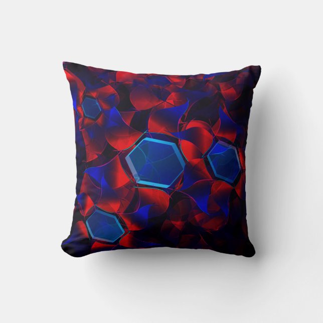Blue hexagon mixed with overlapping red curves cushion (Front)