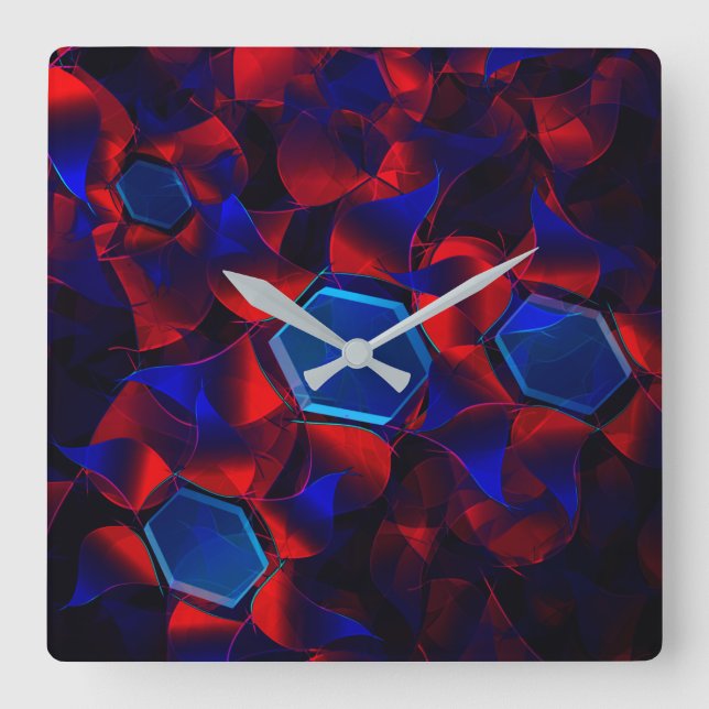 Blue hexagon mixed with overlapping red curves square wall clock (Front)