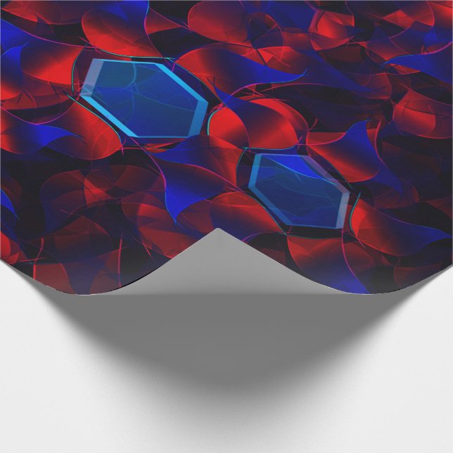 Blue hexagon mixed with overlapping red curves wrapping paper (Corner)