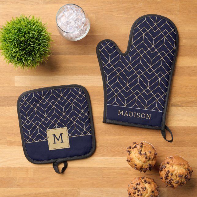 Blue Hexagon Pattern Oven Mitt & Pot Holder Set (Top Down)