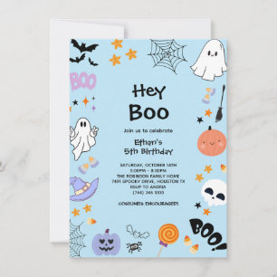 Blue Hey Boo Cute Ghost Halloween 5th Birthday Invitation