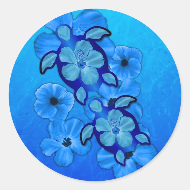 Blue Hibiscus And Honu Turtles Classic Round Sticker (Front)