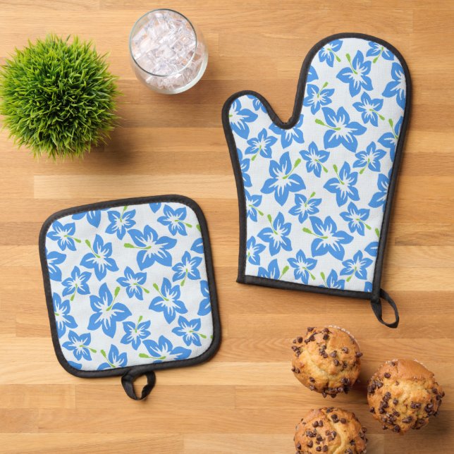 Blue Hibiscus, Blue Flowers, Pattern Of Flowers Oven Mitt & Pot Holder Set (Top Down)