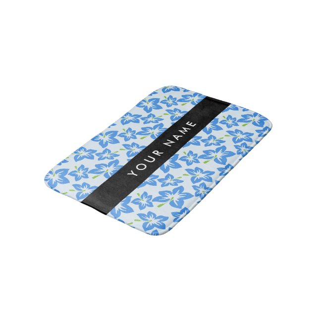 Blue Hibiscus, Blue Flowers, Your Name Bath Mat (Angled)