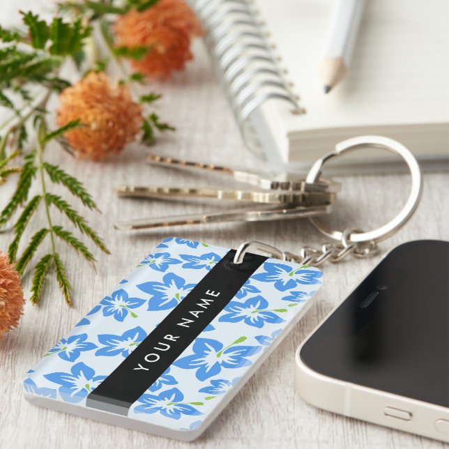 Blue Hibiscus, Blue Flowers, Your Name Key Ring (Front Right)