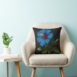 Blue Hibiscus Flower On Black, Cushion