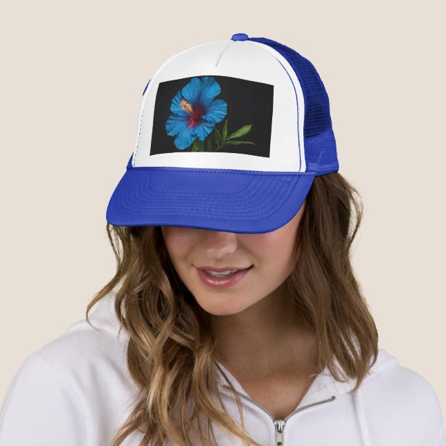 Blue Hibiscus Flower On Black,  Trucker Hat (In Situ)