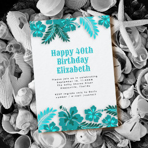 Blue Hibiscus Hawaiian Flowers Birthday Party Invitation