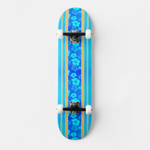 Blue Hibiscus Honu Stripes Skateboard