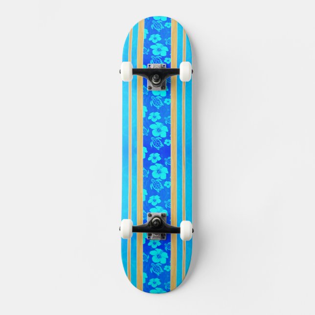 Blue Hibiscus Honu Stripes Skateboard (Front)