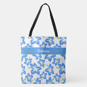 Blue Hibiscus Monogrammed Tote Bag