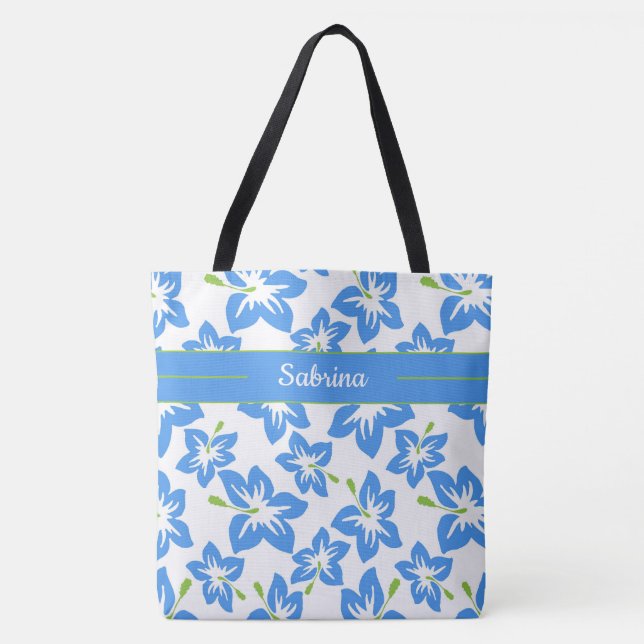 Blue Hibiscus Monogrammed Tote Bag (Front)