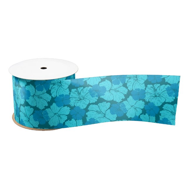 Blue hibiscus pattern satin ribbon (Spool)