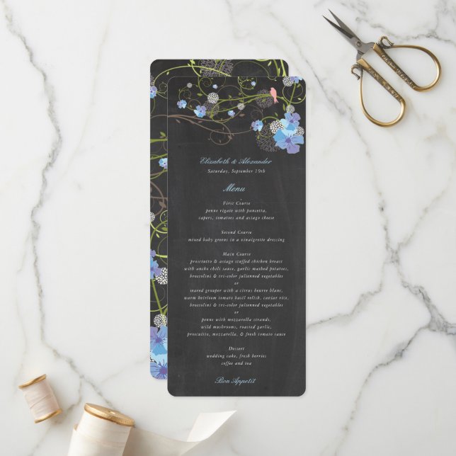 Blue Hibiscus & Swallows Floral Chalkboard Wedding Programme (Front/Back In Situ)