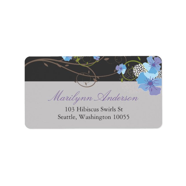 Blue Hibiscus Swirls & Swallows Floral Wedding Label (Front)