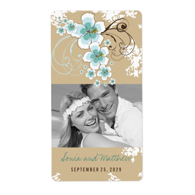 Blue Hibiscus Tropical Beach Wedding Wine Labels (Front)