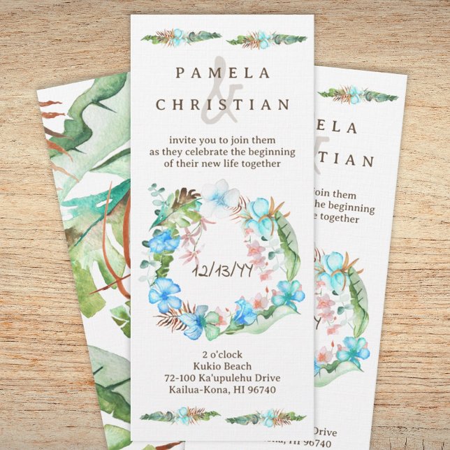 Blue Hibiscus Tropical Floral Wreath Invitation (Tropical natural light green, blue beach wedding, Hawaiian wedding invitation, hibiscus, monstera)