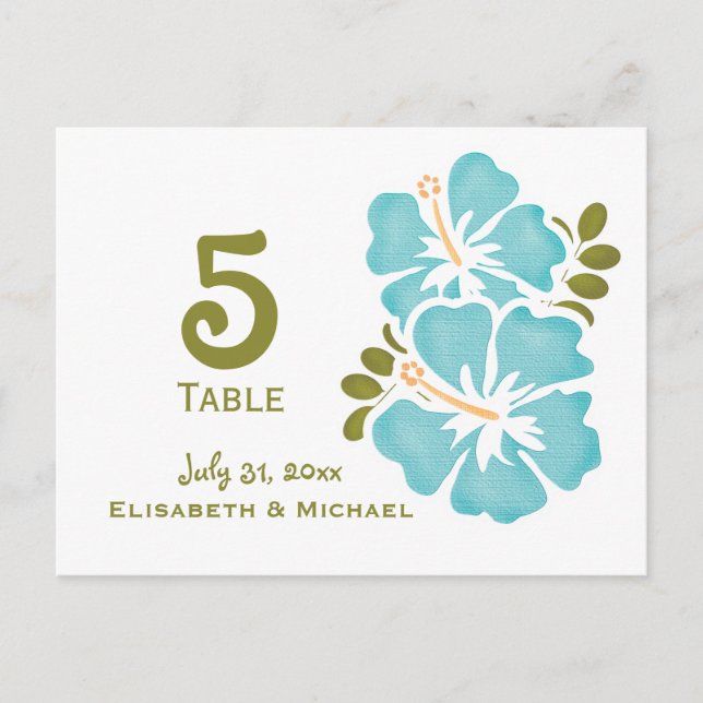 Blue Hibiscus Wedding Reception Table Number Cards (Front)