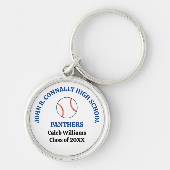 Blue High School Baseball Player Personalised Key Ring (Front)