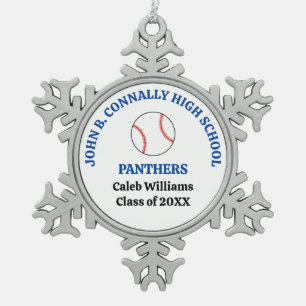 Blue High School Baseball Player Personalised Snowflake Pewter Christmas Ornament