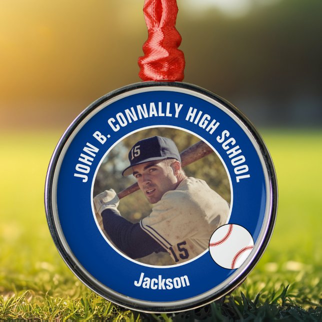 Blue High School Baseball Player Photo Christmas Metal Tree Decoration (Creator Uploaded)