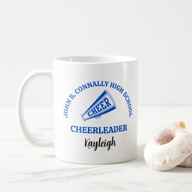 Blue High School Cheerleader Personalised Coffee Mug (With Donut)