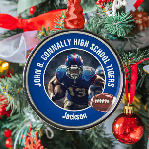 Blue High School Football Player Photo Christmas Metal Tree Decoration