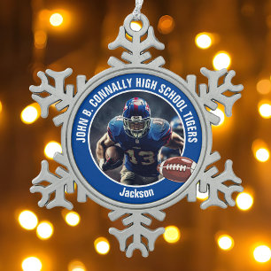 Blue High School Football Player Photo Custom Snowflake Pewter Christmas Ornament