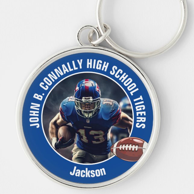 Blue High School Football Player Photo Key Ring (Front)