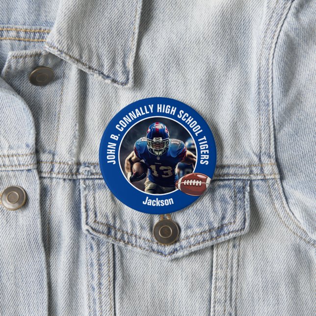 Blue High School Football Player Photo Large Brag 7.5 Cm Round Badge (In Situ)