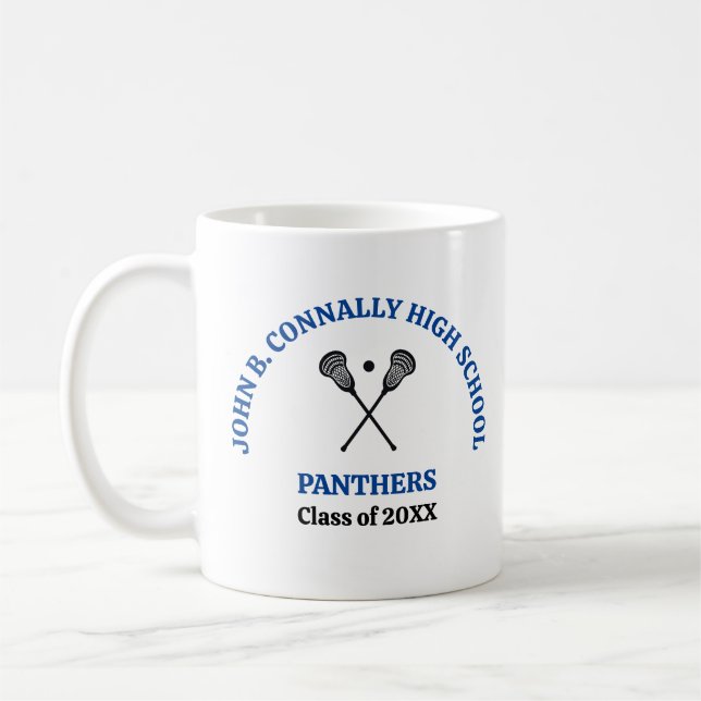 Blue High School Lacrosse Team Personalised Coffee Mug (Left)