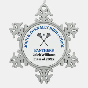 Blue High School Lacrosse Team Personalised Snowflake Pewter Christmas Ornament