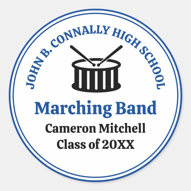 Blue High School Marching Band Customisable Classic Round Sticker (Front)