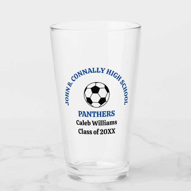 Blue High School Soccer Team Personalised Glass (Front)
