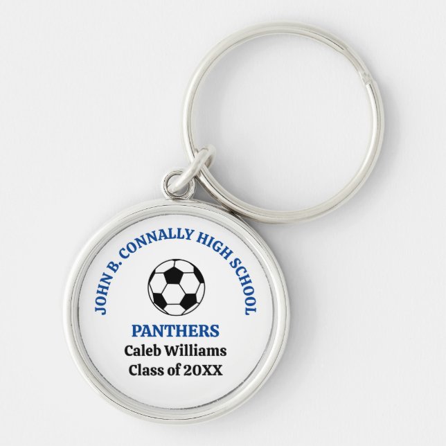 Blue High School Soccer Team Personalised Key Ring (Front)