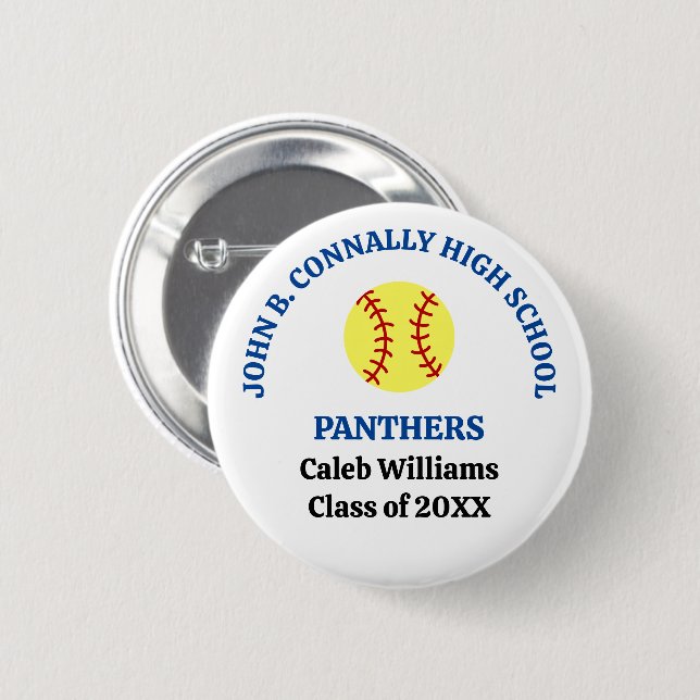 Blue High School Softball Player Personalised 6 Cm Round Badge (Front & Back)