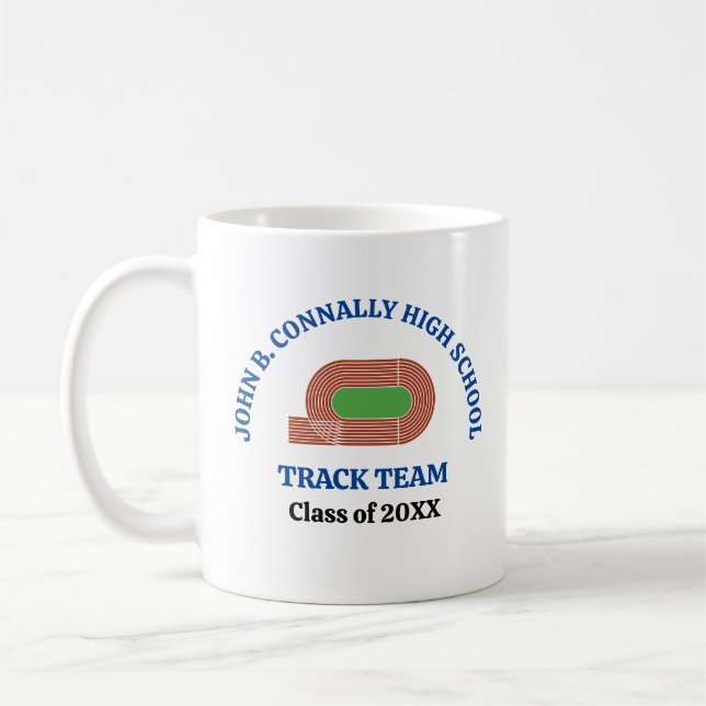 Blue High School Track & Field Team Personalised Coffee Mug (Left)
