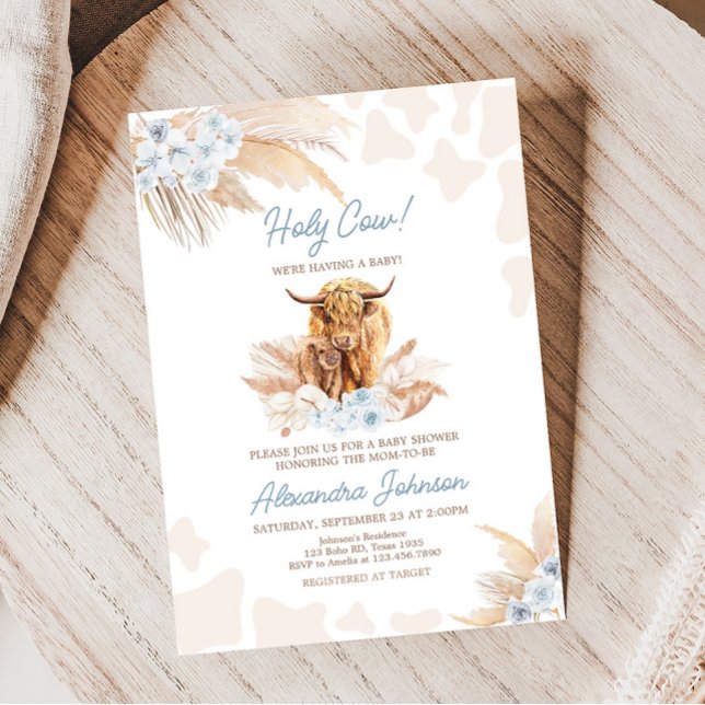 Blue Highland Cow Baby Shower Invitation (Boho Holy Cow Baby Shower Invitation )