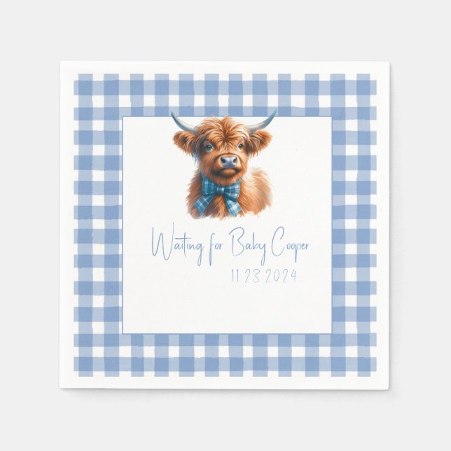 Blue Highland Cow Baby Shower Napkins (Front)