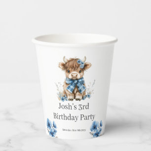 Blue Highland Cow Birthday Party  Paper Cups