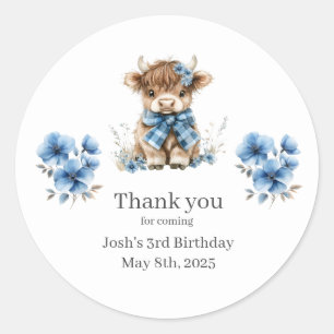 Blue Highland Cow Birthday Party Thank You Sticker