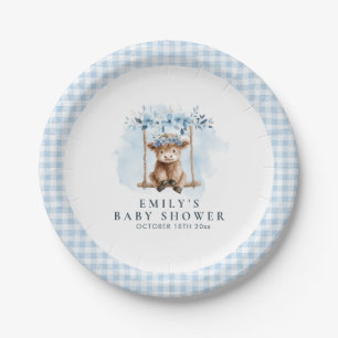 Blue Highland Cow Boy Baby Shower Paper Plate